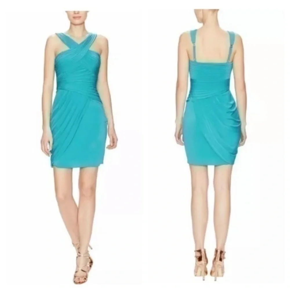 BCBGMaxazria Helyn Blue Jade gathered halter bodycon dress